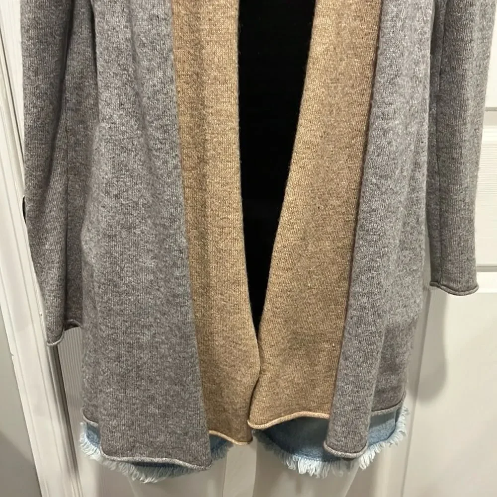 Neiman Marcus cashmere gray with tan trim open front cardigan XS